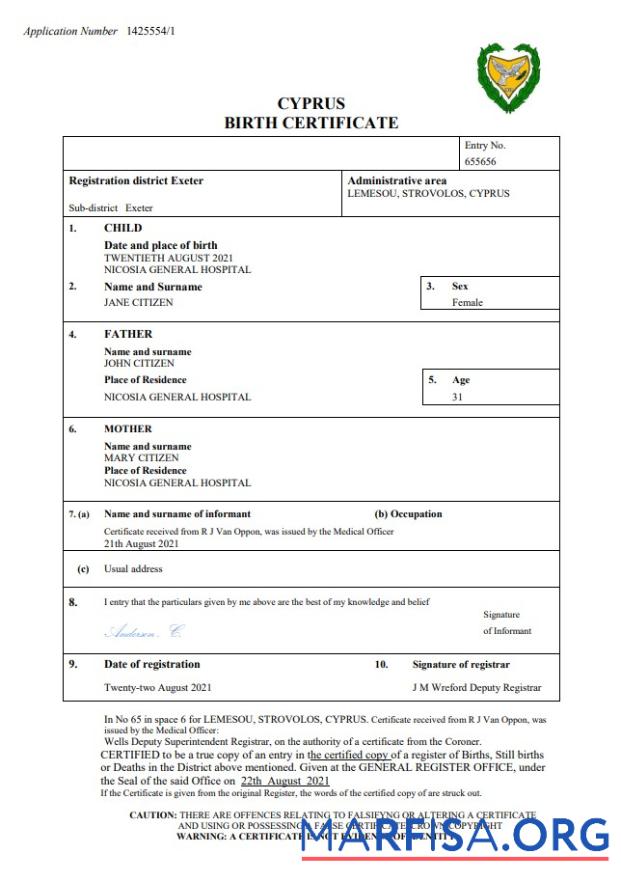 Downloadable Cyprus birth certificate Word and PDF template